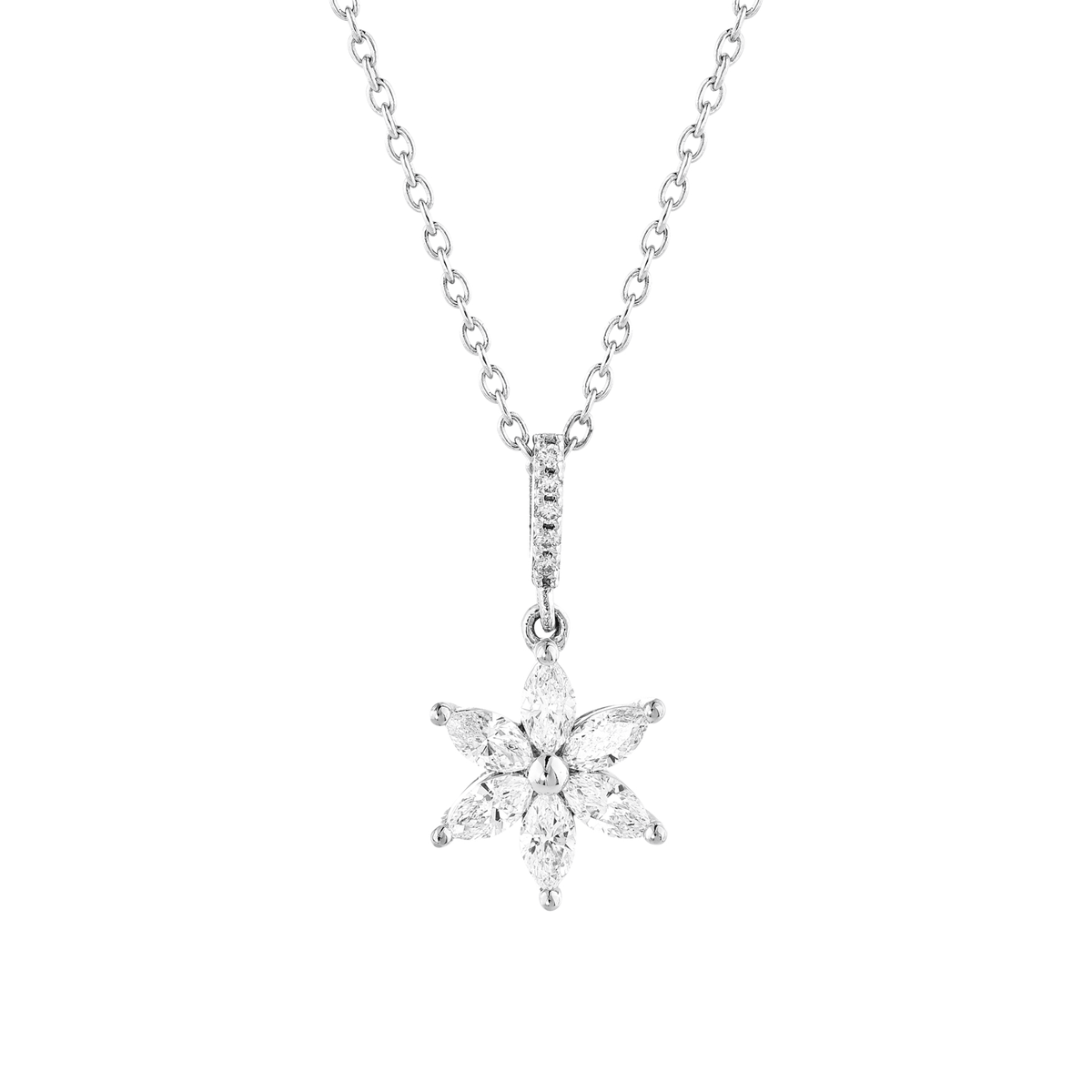 Close-up of the six marquise diamond petals and pave-set bail in 14K white gold