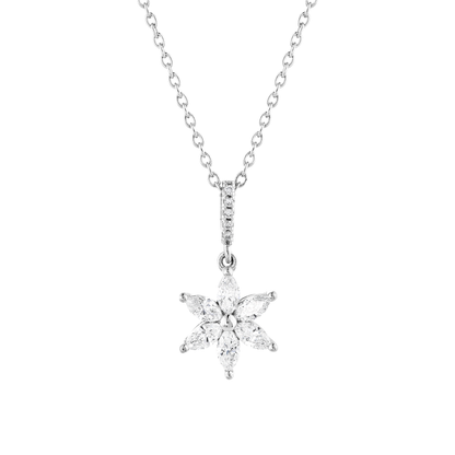 Close-up of the six marquise diamond petals and pave-set bail in 14K white gold