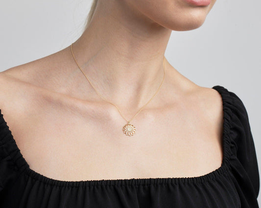 Close detail of the Lotus Flower Necklace in 18K Gold Vermeil. Safe for sensitive skin, premium handmade jewelry.