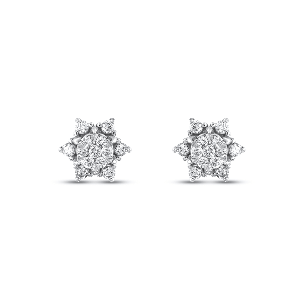 Pair of lotus natural diamond cluster stud earrings in 14K white gold, a six-pointed star of round diamonds, front view