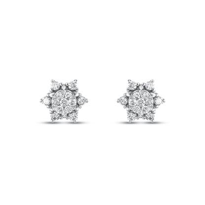 Pair of lotus natural diamond cluster stud earrings in 14K white gold, a six-pointed star of round diamonds, front view