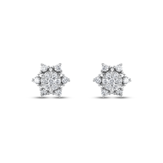 Pair of lotus natural diamond cluster stud earrings in 14K white gold, a six-pointed star of round diamonds, front view