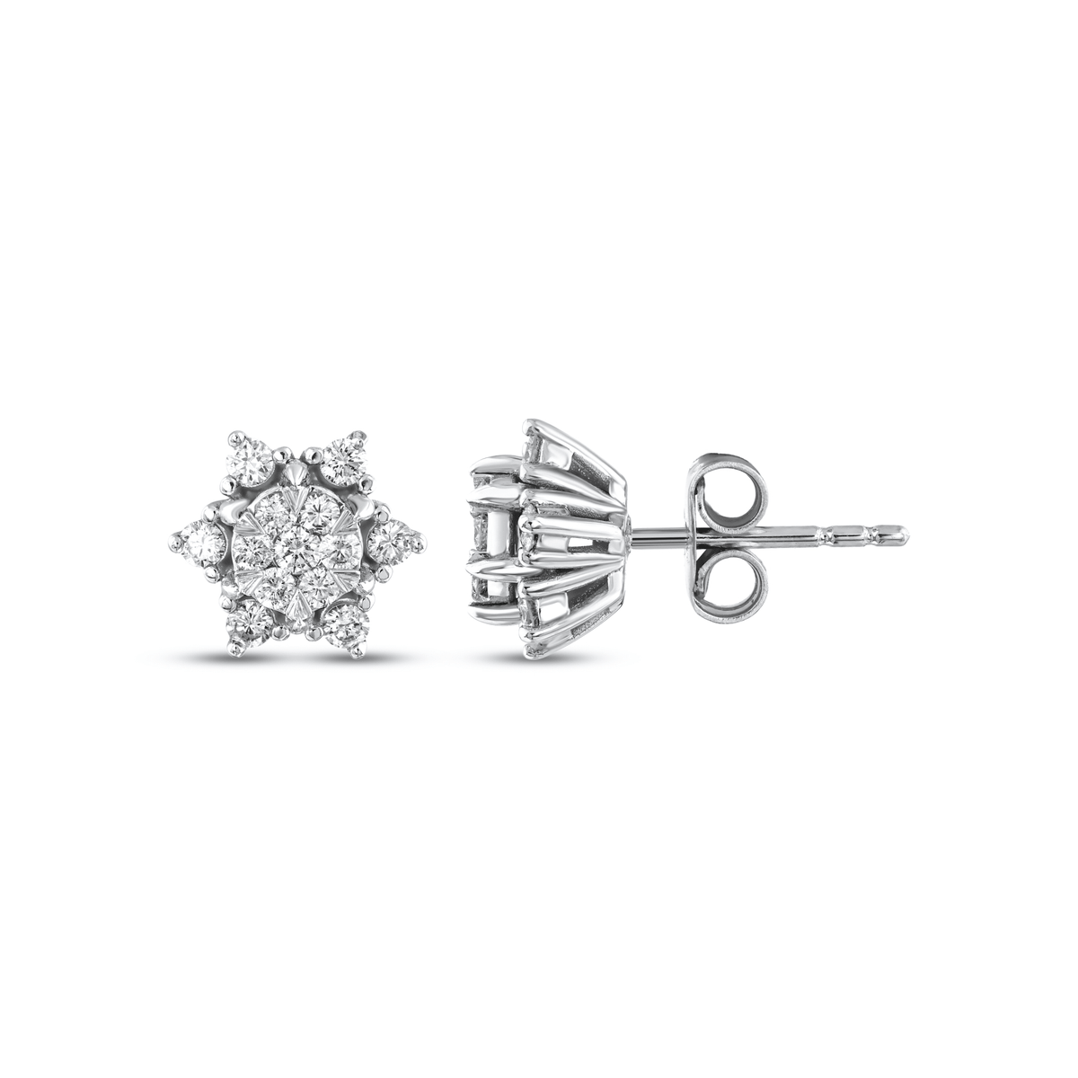 Lotus natural diamond cluster stud earring in 14K white gold, front and side view showing the prong basket, post and butterfly back