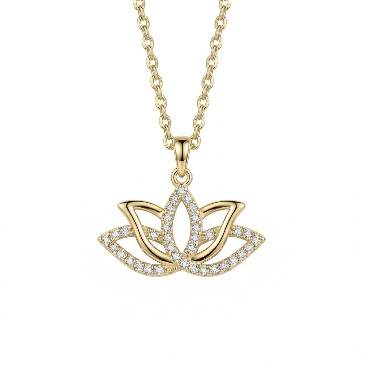Lotus Necklace in 14K solid gold: an open lotus pendant lined with small CZ stones, on a white background.