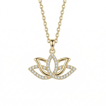 Lotus Necklace in 14K solid gold: an open lotus pendant lined with small CZ stones, on a white background.