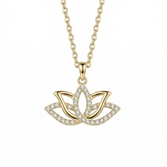 Lotus Necklace in 14K solid gold: an open lotus pendant lined with small CZ stones, on a white background.