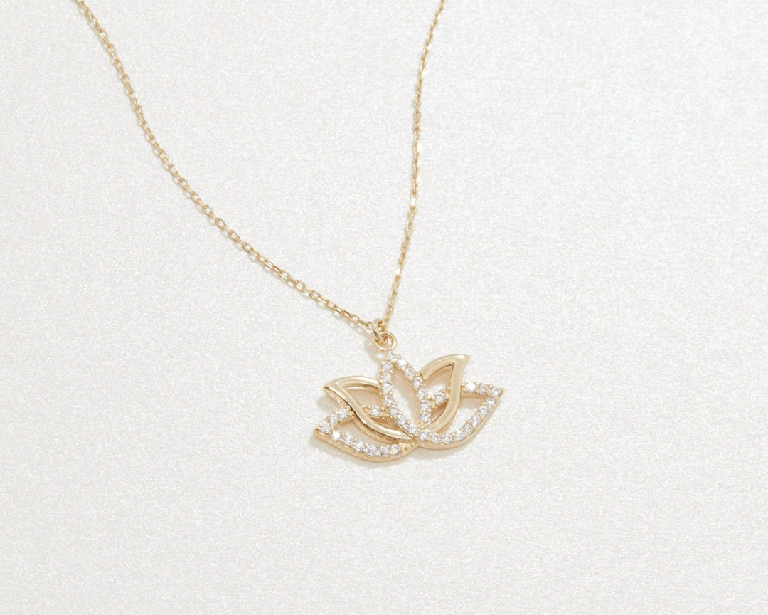 The Lotus Necklace styled in 18K Gold Vermeil — elegant everyday jewelry. Hypoallergenic, no green marks.