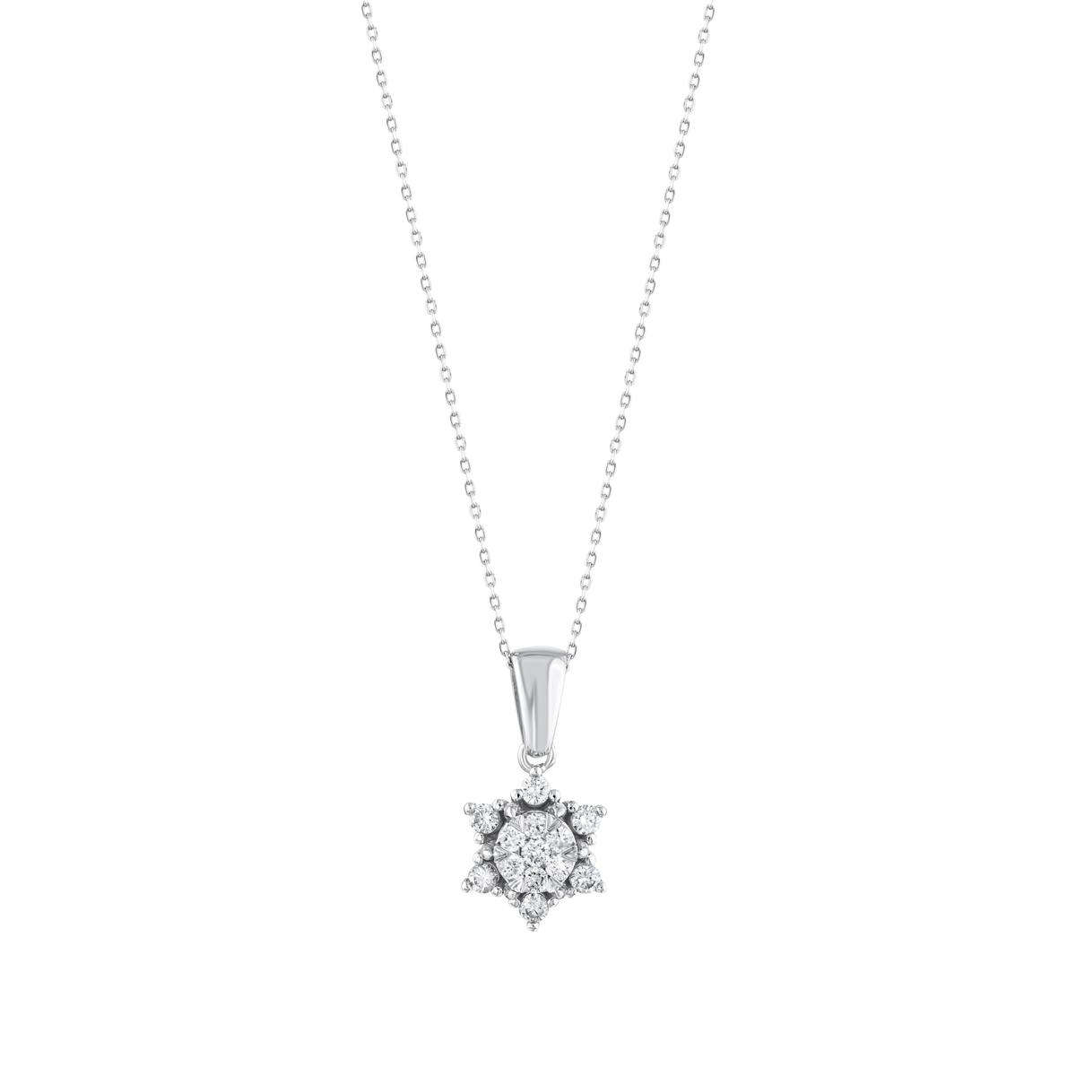 Lotus star natural diamond cluster pendant necklace in 14K white gold on a fine cable chain, front view.