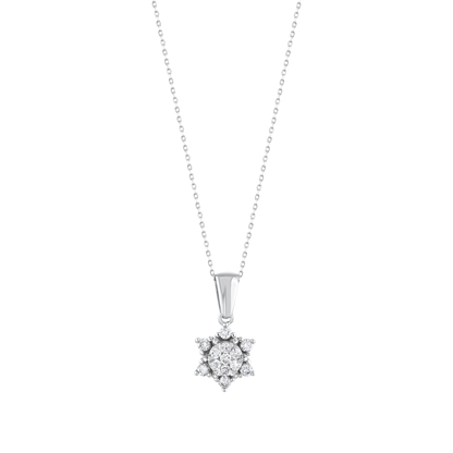 Lotus star natural diamond cluster pendant necklace in 14K white gold on a fine cable chain, front view.