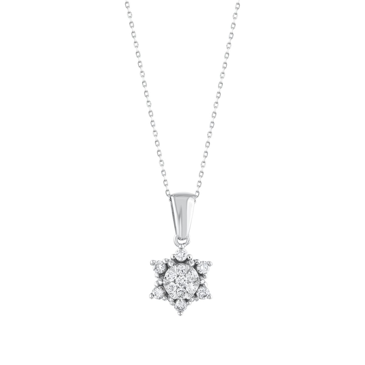 Close-up of the lotus star pendant: an illusion-set cluster of seven diamonds ringed by six claw-set round diamonds, 14K white gold.