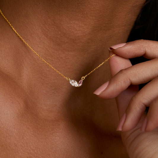 Close detail of the Marquese Double Birthstone Necklace in 18K Gold Vermeil with Birthstone. Safe for sensitive skin.