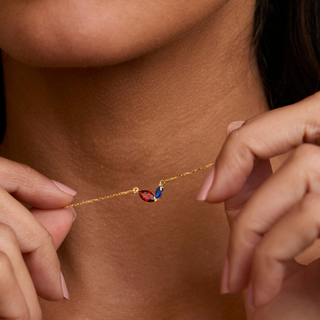 Marquese Double Birthstone Necklace as a thoughtful birthday gift in 18K Gold Vermeil with Birthstone. Hypoallergenic, no.