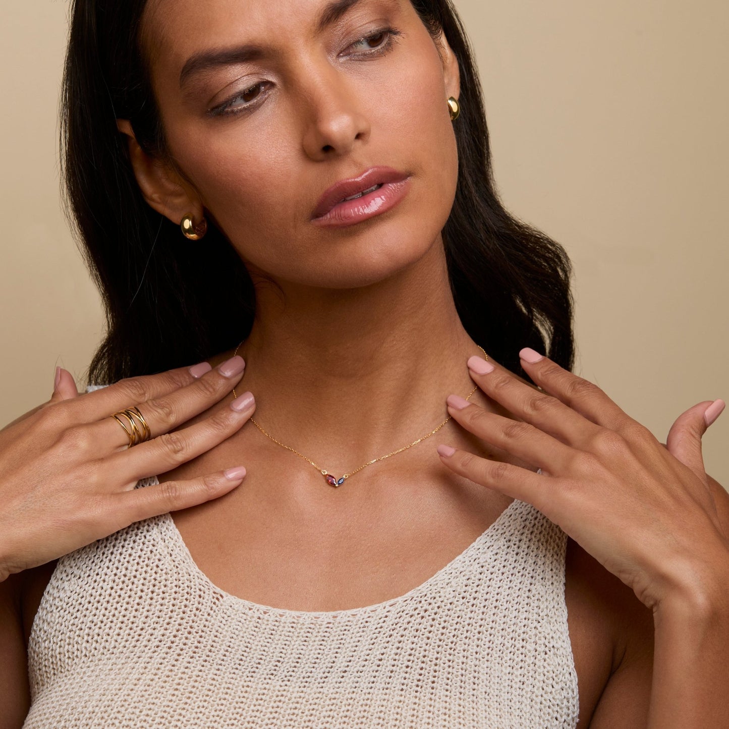 The Marquese Double Birthstone Necklace styled in 18K Gold Vermeil — elegant everyday jewelry. Hypoallergenic, no green.