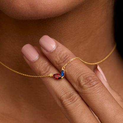 The Marquese Double Birthstone Necklace worn in 18K Gold Vermeil — refined accessory for women. Safe for sensitive skin.