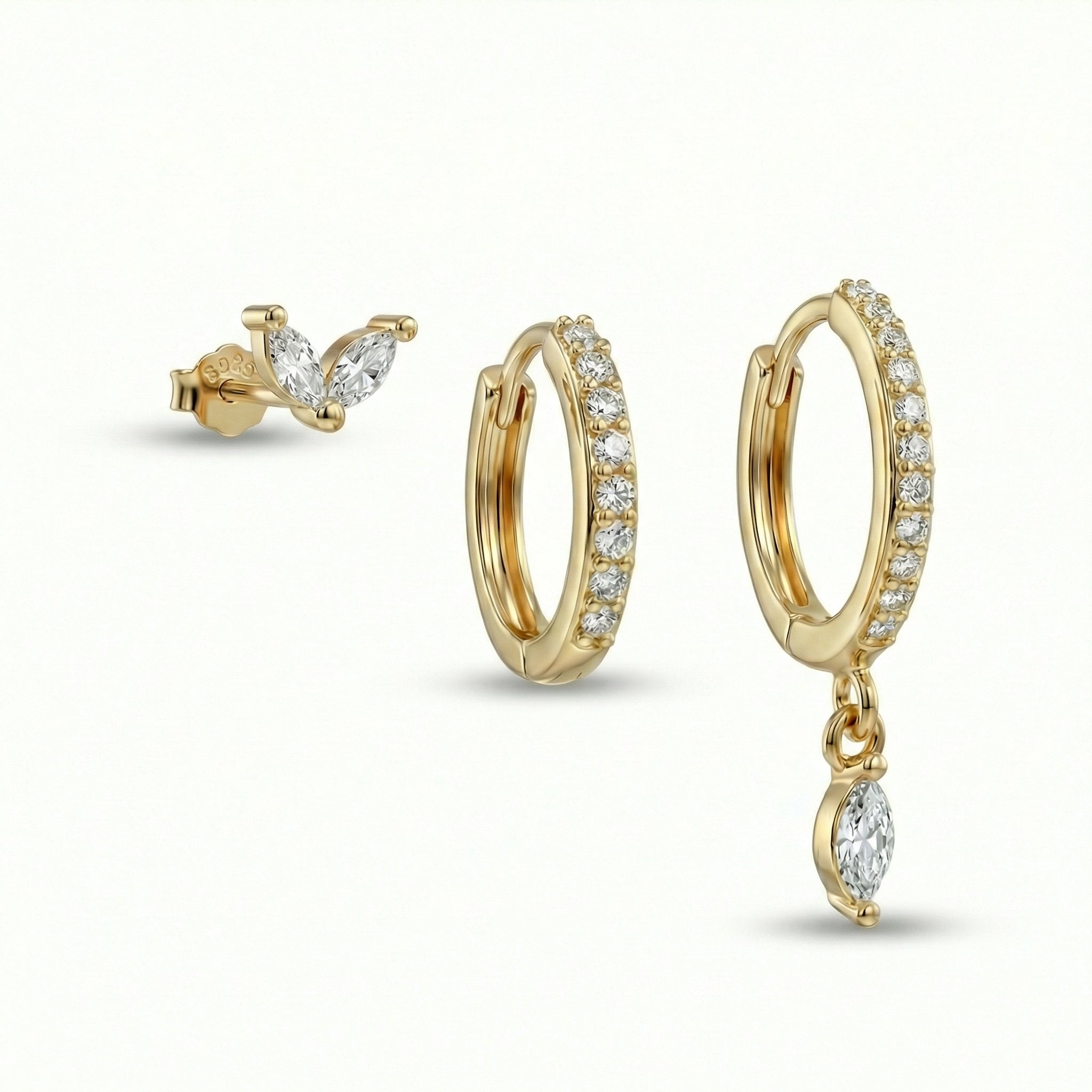 Marquise Earring Set in 18K Gold Vermeil with CZ Diamond. No green marks, perfect for daily wear.