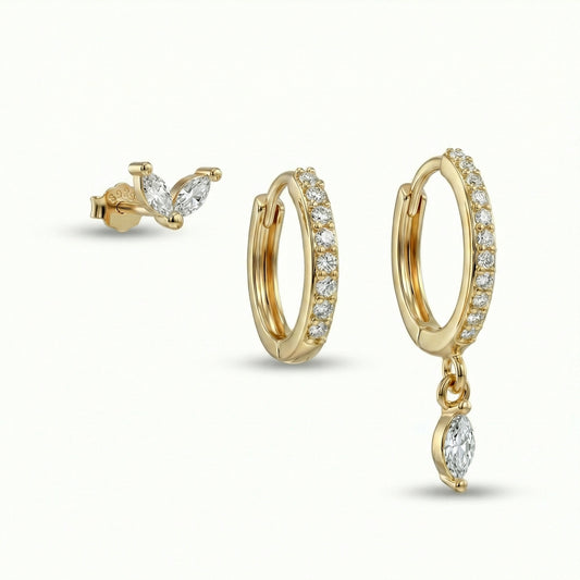 Marquise Earring Set in 18K Gold Vermeil with CZ Diamond. No green marks, perfect for daily wear.