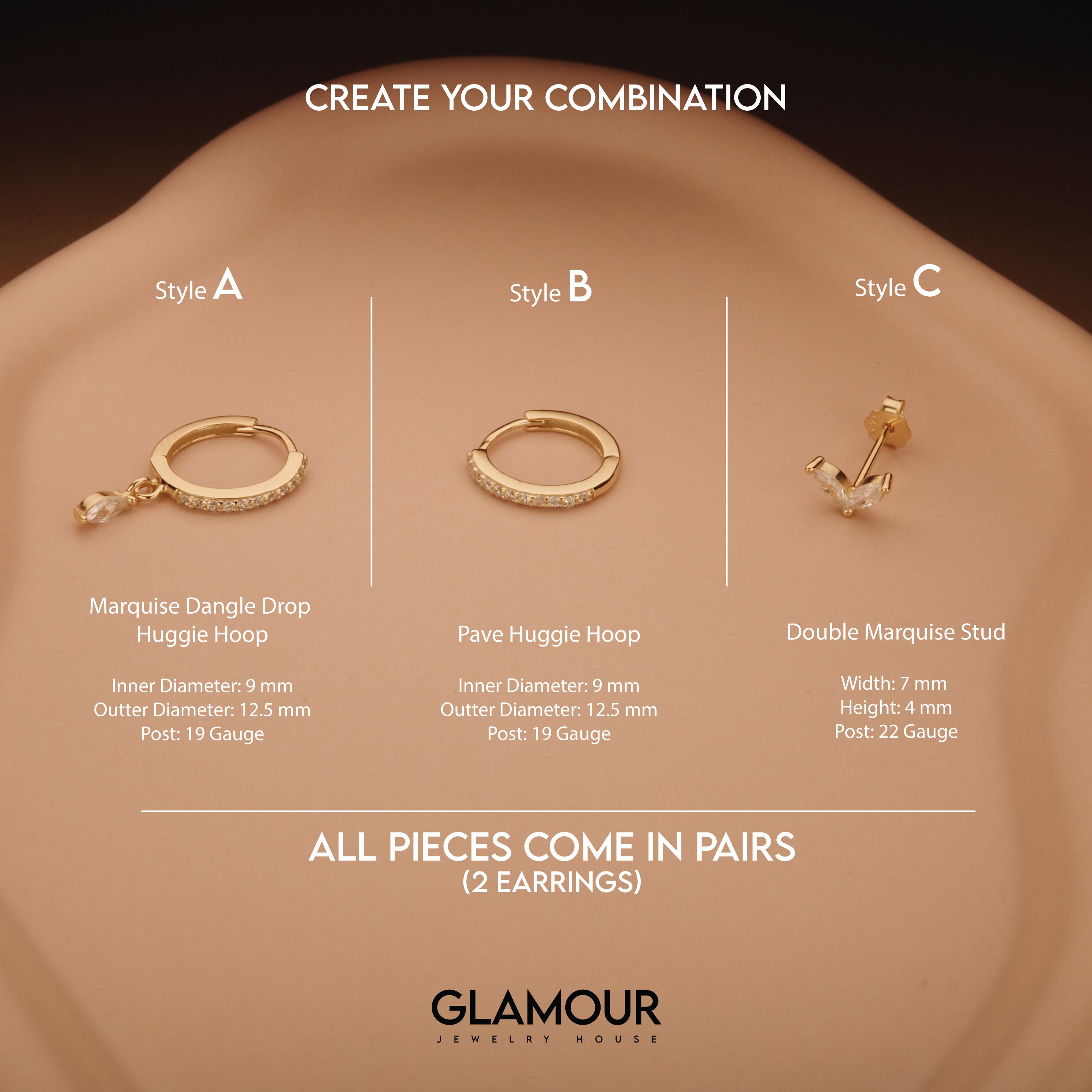 The Marquise Earring Set styled in 18K Gold Vermeil — elegant everyday jewelry. Hypoallergenic for sensitive ears.
