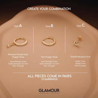 The Marquise Earring Set styled in 18K Gold Vermeil — elegant everyday jewelry. Hypoallergenic for sensitive ears.
