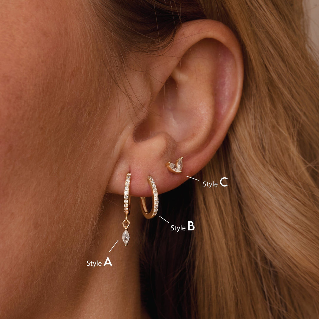 Macro detail of the Marquise Earring Set: CZ Diamond set in 18K Gold Vermeil. No green marks, handmade jewelry.