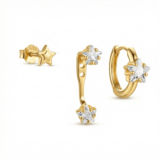 Star Ear Jacket Hoop Earring Set in 18K Gold Vermeil. No green marks, perfect for daily wear.