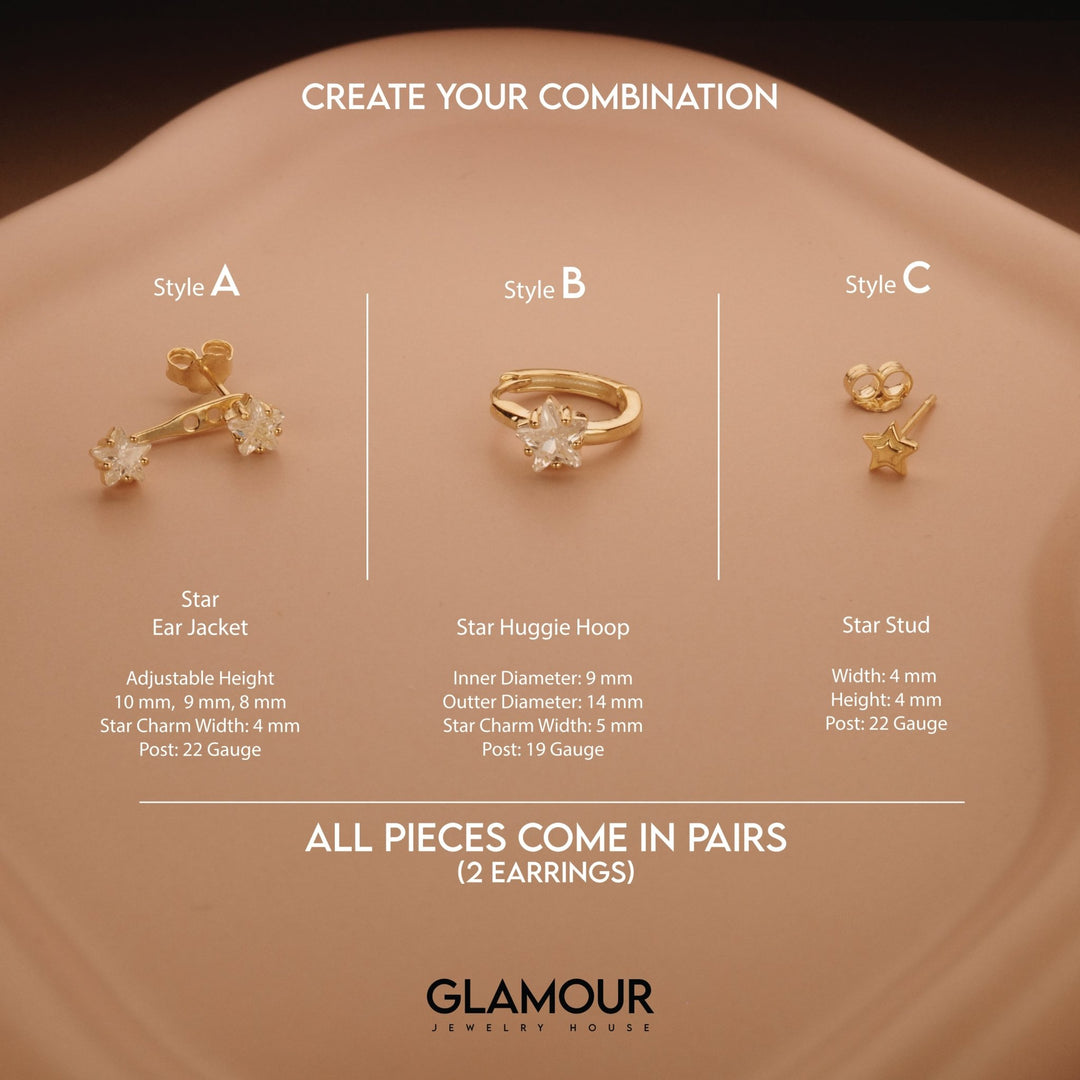 The Star Ear Jacket Hoop Earring Set styled in 18K Gold Vermeil — elegant everyday jewelry. Hypoallergenic for sensitive.