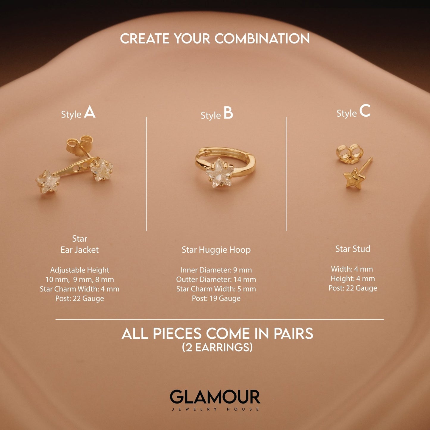 The Star Ear Jacket Hoop Earring Set styled in 18K Gold Vermeil — elegant everyday jewelry. Hypoallergenic for sensitive.