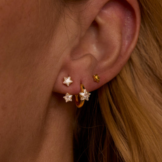 Close detail of the Star Ear Jacket Hoop Earring Set in 18K Gold Vermeil. Tarnish-resistant, premium handmade jewelry.