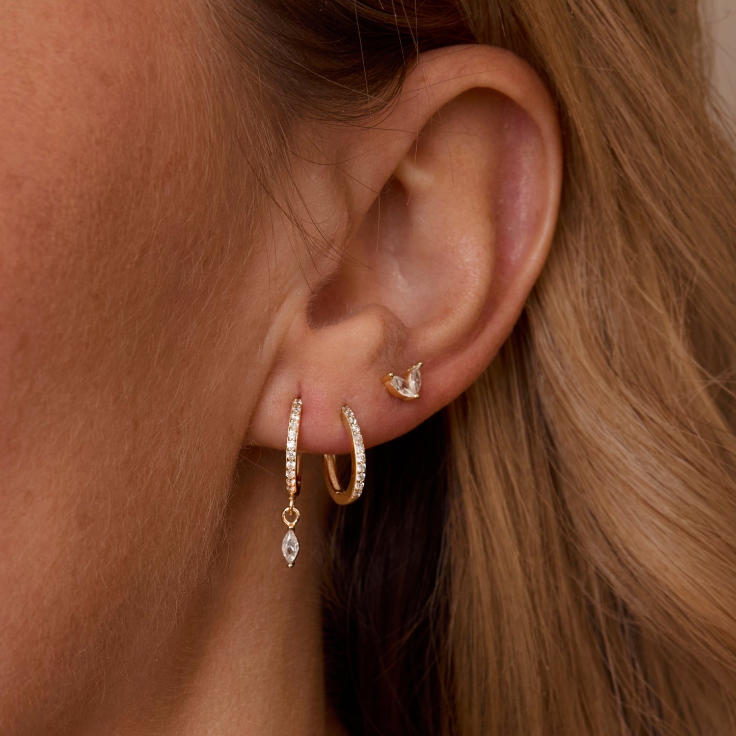 Close detail of the Marquise Earring Set in 18K Gold Vermeil with CZ Diamond. Tarnish-resistant, premium handmade jewelry.