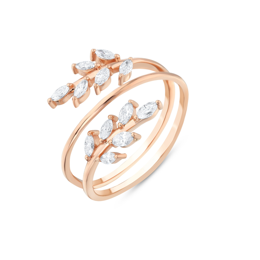 Marquise natural diamond leaf wrap ring in 14K rose gold, two leaf sprigs of marquise diamonds on an open spiral band, top view