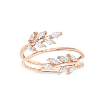 Natural diamond leaf wrap ring in 14K rose gold, front view of the spiral band and the twelve marquise diamonds