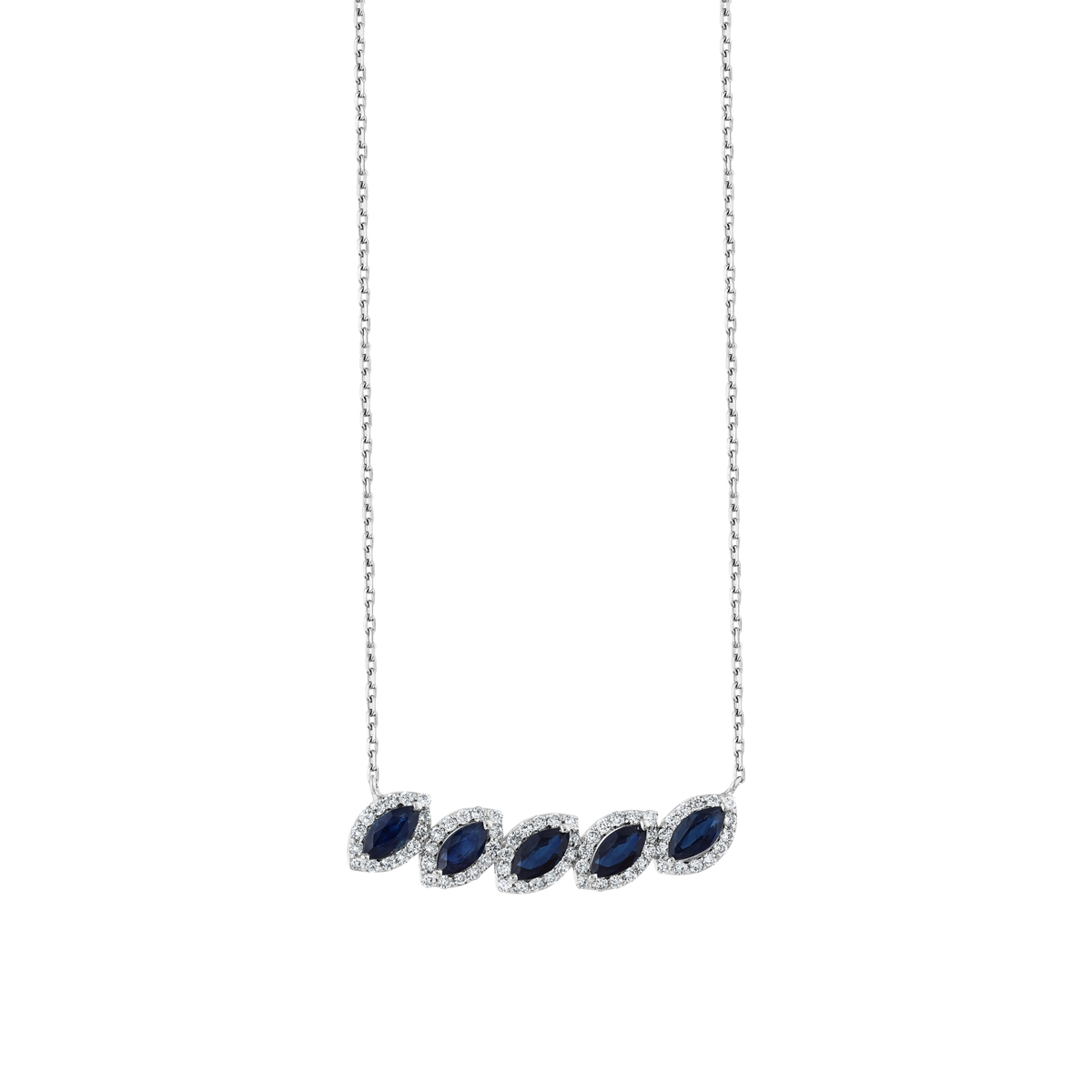 Marquise natural sapphire and natural diamond halo necklace in 14K white gold on a fine chain, front view