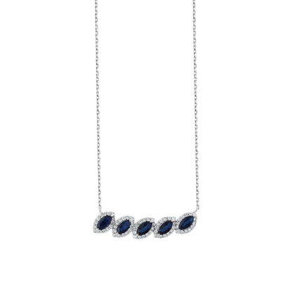 Marquise natural sapphire and natural diamond halo necklace in 14K white gold on a fine chain, front view