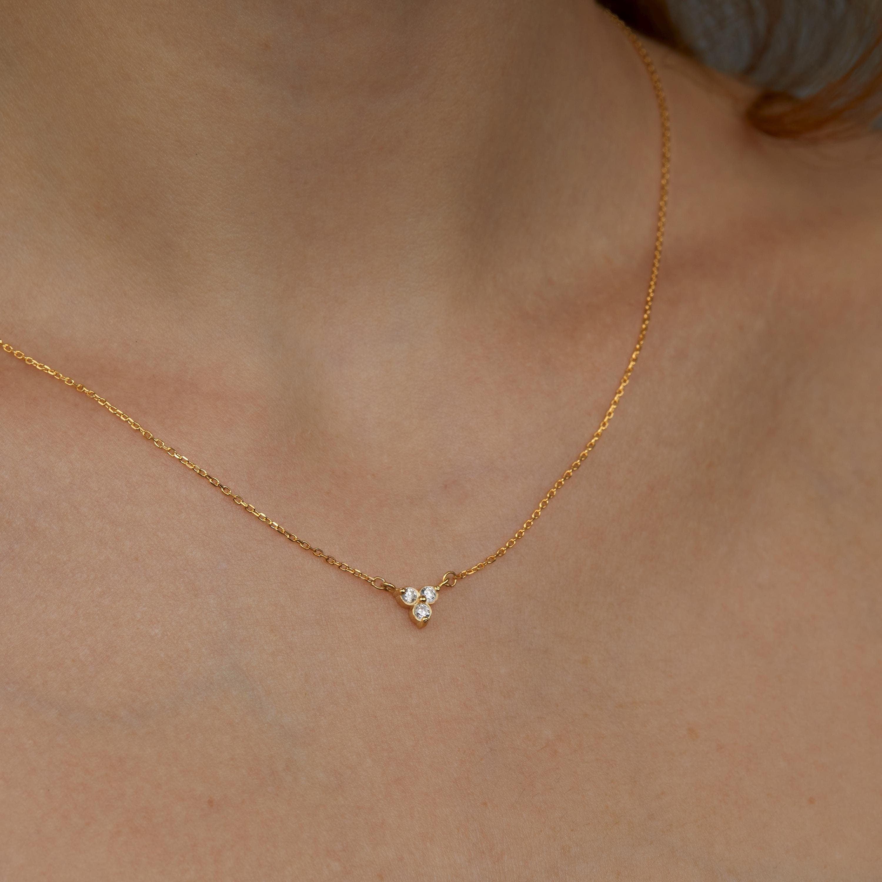 Close detail of the Minimalist Dainty CZ Diamond Necklace in 18K Gold Vermeil with CZ Diamond. Hypoallergenic, no green.