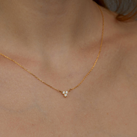 Close detail of the Minimalist Dainty CZ Diamond Necklace in 18K Gold Vermeil with CZ Diamond. Hypoallergenic, no green.