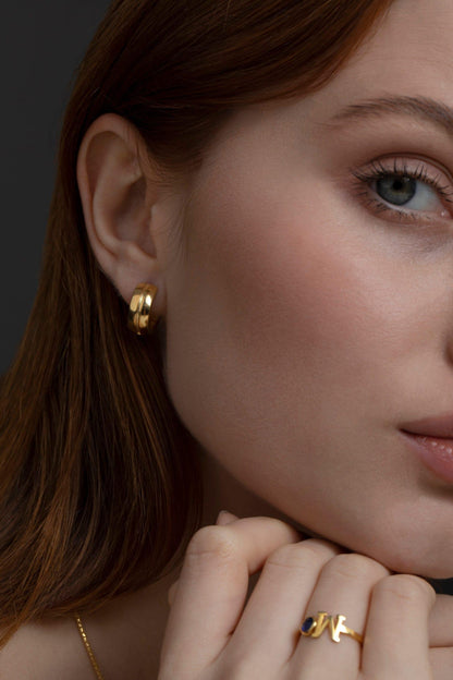 Modern Huggie Hoop Earrings in Glamour Jewelry House gift box — 18K Gold Vermeil graduation gift. No green marks.