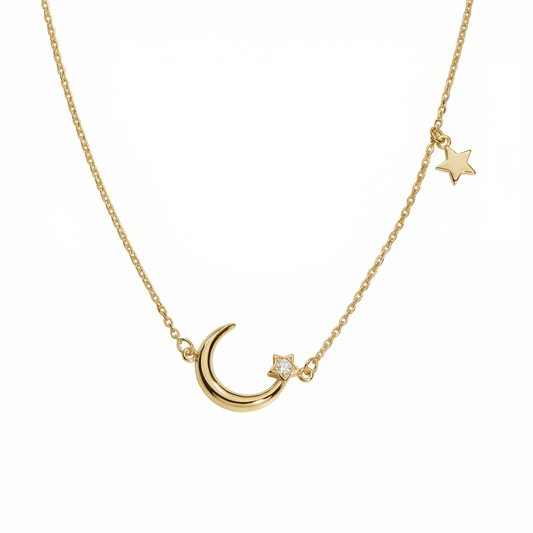 Moon and Star Necklace in 18K Gold Vermeil. Tarnish-resistant, perfect for daily wear.