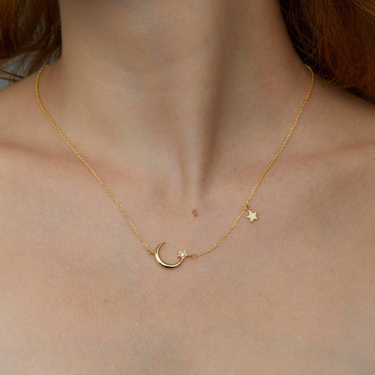 Close detail of the Moon and Star Necklace in 18K Gold Vermeil. Hypoallergenic, no green marks, premium handmade jewelry.