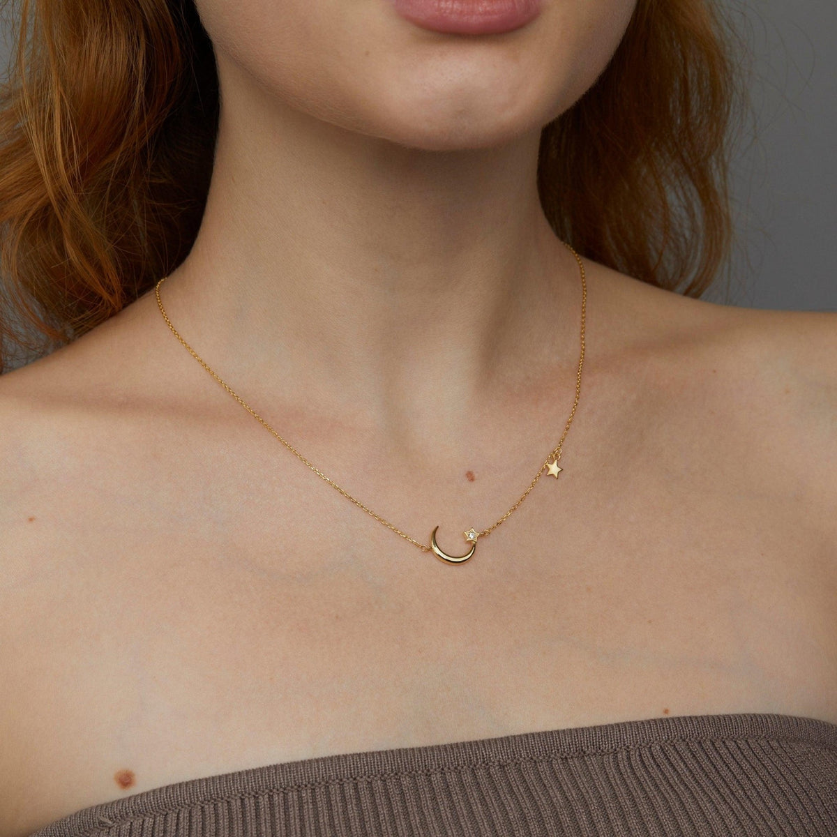 Macro detail of the Moon and Star Necklace showcasing craftsmanship in 18K Gold Vermeil. Tarnish-resistant, handmade.