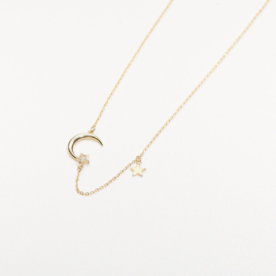 Moon and Star Necklace in Glamour Jewelry House gift box — 18K Gold Vermeil graduation gift. Hypoallergenic, no green marks.