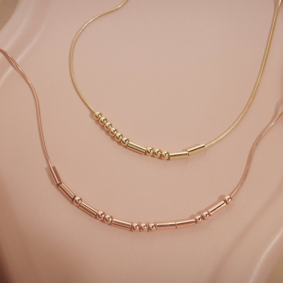 Morse Code Necklace as a thoughtful birthday gift in 18K Gold Vermeil. Hypoallergenic, no green marks.
