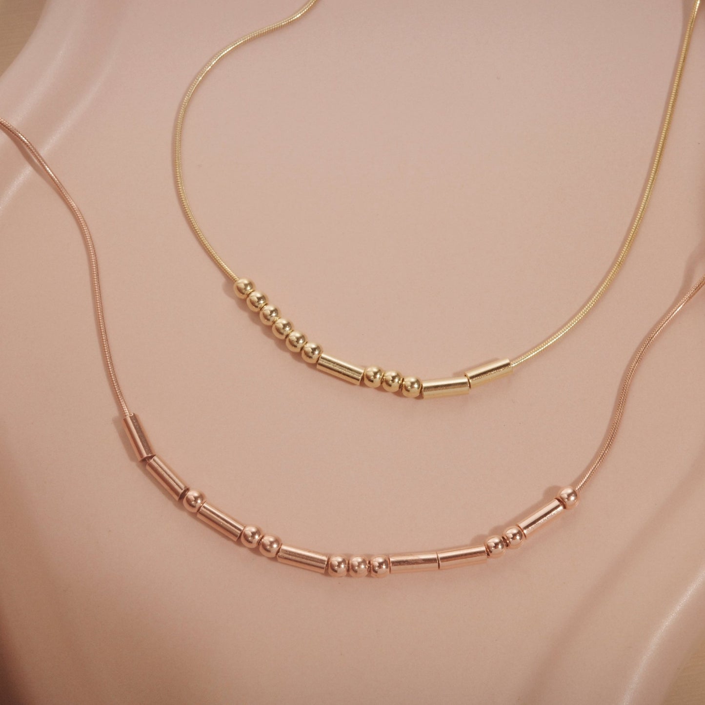 Morse Code Necklace as a thoughtful birthday gift in 18K Gold Vermeil. Hypoallergenic, no green marks.