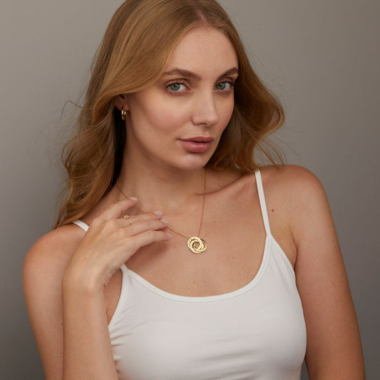 Close detail of the Multi-Name Necklace with Round Pendants in 18K Gold Vermeil. Safe for sensitive skin, premium handmade.
