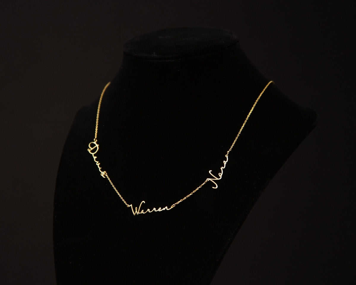 Multiple Name Necklace as a thoughtful birthday gift in 18K Gold Vermeil. Hypoallergenic, no green marks.