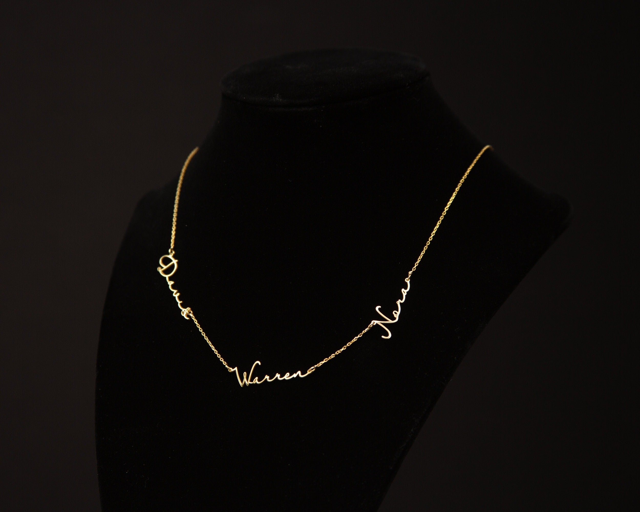 Multiple Name Necklace as a thoughtful birthday gift in 18K Gold Vermeil. Hypoallergenic, no green marks.