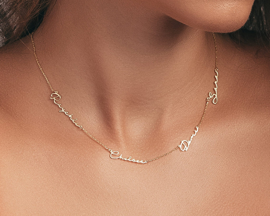 The Multiple Name Necklace styled in 18K Gold Vermeil — elegant everyday jewelry. Hypoallergenic, no green marks.