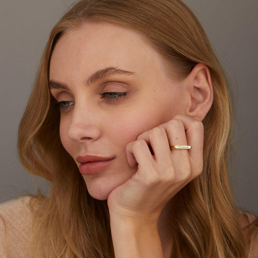 Close detail of the Multiple Name Ring in 18K Gold Vermeil. Hypoallergenic, no green marks, premium handmade jewelry.