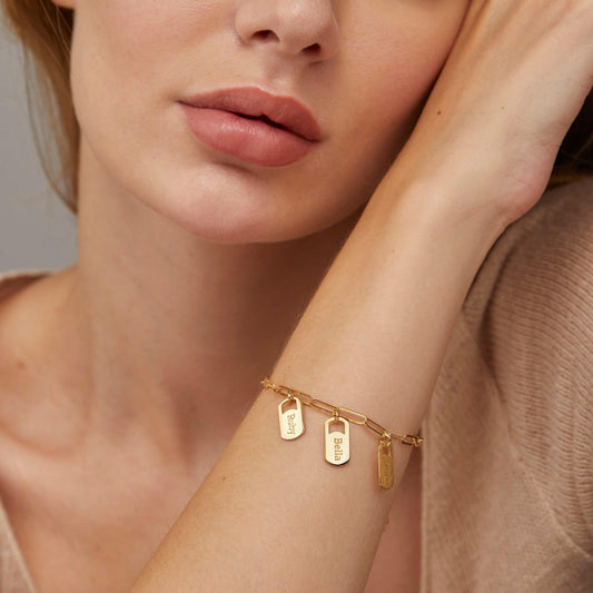 Close detail of the Multiple Name Tag Bracelet in 18K Gold Vermeil. Safe for sensitive skin, premium handmade jewelry.