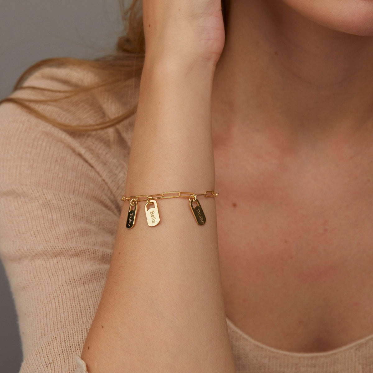 Multiple Name Tag Bracelet in Glamour Jewelry House gift box — 18K Gold Vermeil mother's day gift. Tarnish-resistant.