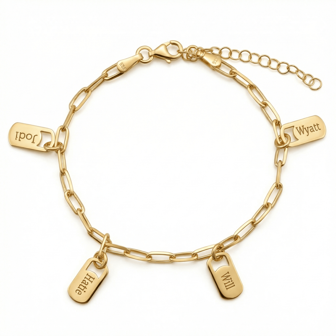 Multiple Name Tag Bracelet in 18K Gold Vermeil. Tarnish-resistant, perfect for daily wear.
