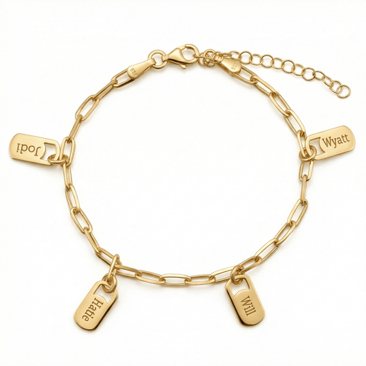 Multiple Name Tag Bracelet in 18K Gold Vermeil. Tarnish-resistant, perfect for daily wear.